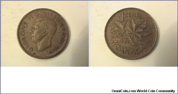 GEORGIVS VI DG REX ET IND IMP
1 CENT CANADA
1947-maple leaf
bronze