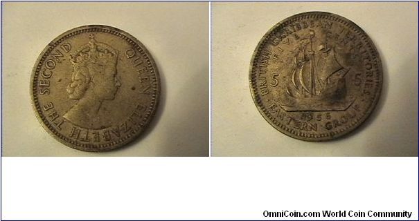 QUEEN ELIZABETH THE SECOND
BRITISH CARIBBEAN TERRIRORIES EASTERN GROUP 5 CENTS
nickel-brass