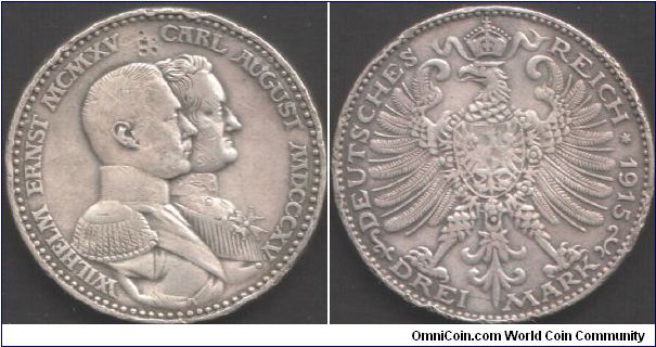 Saxe Weimar Eisenach - 1915A 3 Marks commemorative. Scarcer coin.