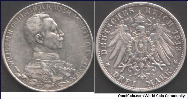 Prussia - 1913A 3 marks. Nice military bust of `Kaiser Bill'.