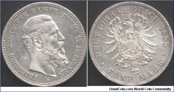 Prussia - 1888 (Friedrich) 5 marks