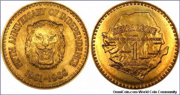 One of 3 coins in a 1966 set issued to celebrate the fifth anniversary of independence. This is the largest, a One (1) Golde, the others are the half golde and quarter golde.