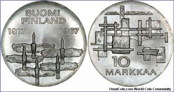 967 Ten Markaa coin which has the dates 1917 - 1967, issued to celebrate the wedding of 50th anniversary of independence in 1917.
The obverse design is of five geese flying north, and the reverse design shows stylised bridges, buildings, and a crane.