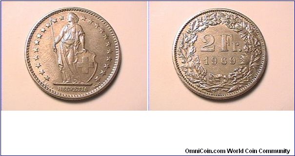 HELVETIA
2 FRANCS 1969-B
copper-nickel