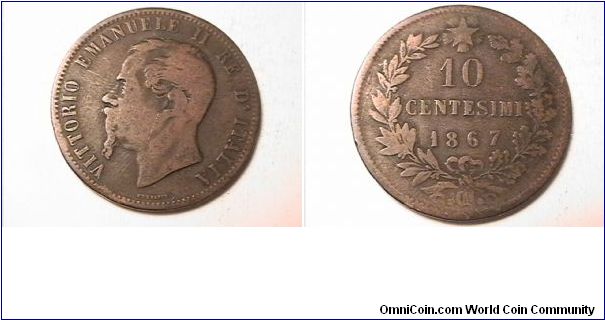 VITTORIO EMANUELE II RE D'ITALIA
10 CENTESIMI
1867-CM
bronze