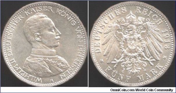 Prussia - `Kaiser Bill' 5 marks. Military bust