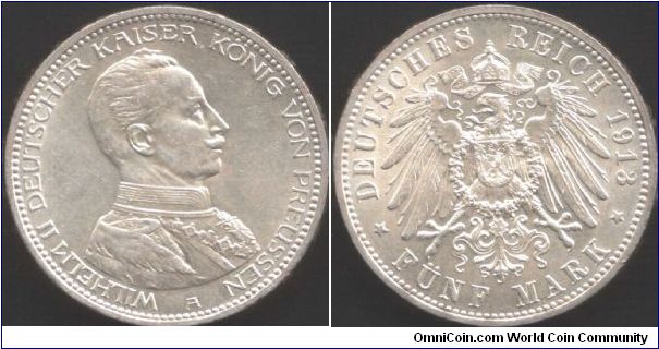 Prussia - `Kaiser Bill' 5 marks. Military bust