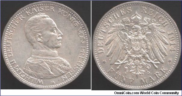 Prussia - 1914, the last year of the large silver 5 mark coin