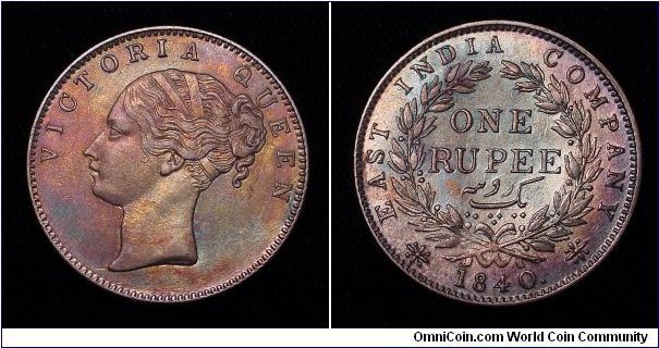 1840 India 1 Rupee East India Company Silver  with Dot after the 1840 and 19 berries . The coin is nicely toned in UNC to AUNC condition