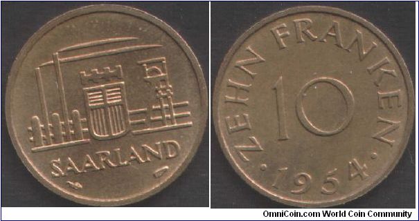 Saarland - 10 Franken when under French administration.