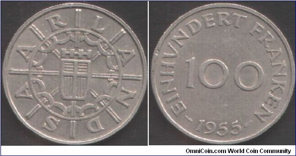 Saarland - 100 Franken when under French administration.