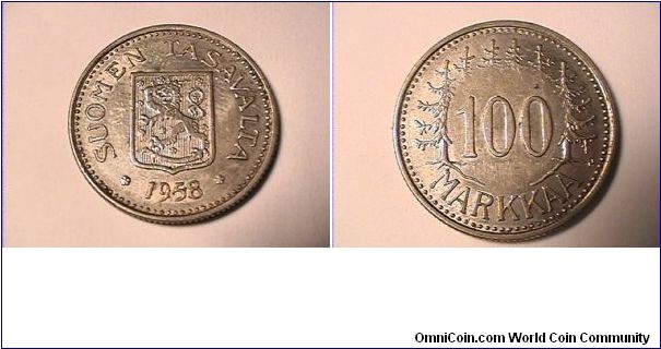 SUOMEN TASAVALTA
100 MARKKAA
1958-H
0.500 silver