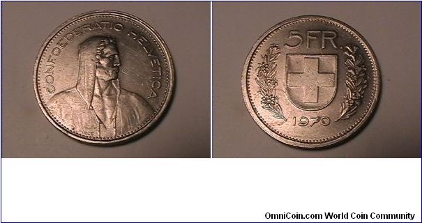 CONFOEDERATIO HELVETICA
5 FRANCS
RIM: DOMINUS PROVIDEBIT
copper-nickel