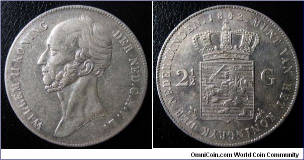 2 1/2 gulden.  1st type, sometimes called the rijksdaalder with the ear because said ear is about to slide off of Willem II's jaw.  A design face lift corrected this on ensuing  coins.