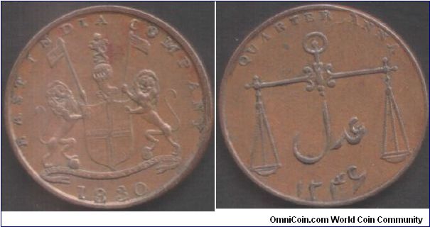 Bombay Presidency 1830 copper 1/4 Anna, British East India Company