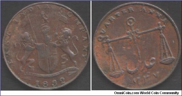 Bombay Presidency 1832 copper 1/4 Anna, British East India Company