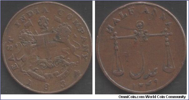 Bombay Presidency 1834 large copper 1/2 anna British East India Company.