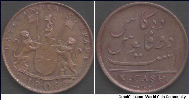 Madras Presidency 1808 copper X cash (light issue). British East India Company