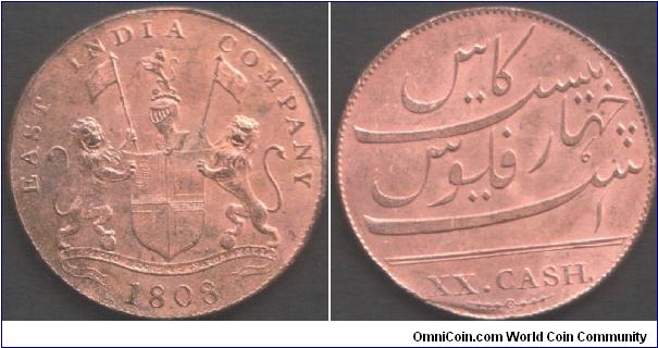 Madras Presidency 1808 copper XX cash (light issue - ex `Admiral Gardner' wreck). British East India Company