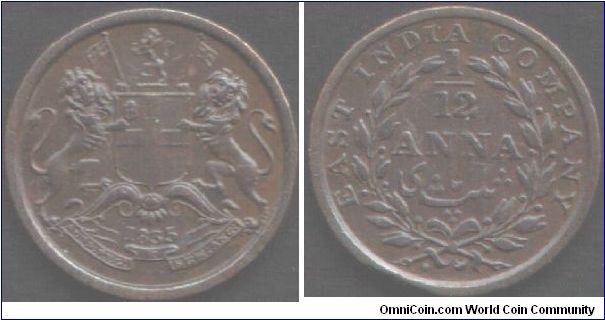 1835 1/12th Anna British East India Company during colonial period. This coin being 17.7mm, therefore  from Calcutta mint and a proof strike (originally!). It is also coin rotation.