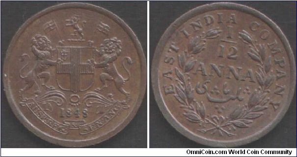 1848 1/12th Anna British East India Company during colonial period. This coin being   from Calcutta mint. Medal rotation.