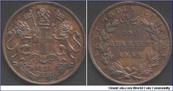 1835 1/4 Anna British East India Company during colonial period. Bombay mint, large legends and medal rotation.