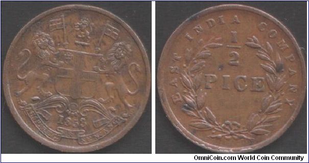 1853 `Pice', British East India Company during colonial period. Calcutta mint and medal rotation
