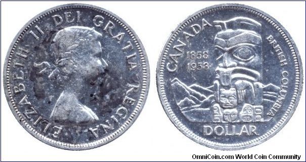 Canada, 1 dollar, 1958, Ag, Queen Elizabeth II, 1858-1958, British Columbia.                                                                                                                                                                                                                                                                                                                                                                                                                                        