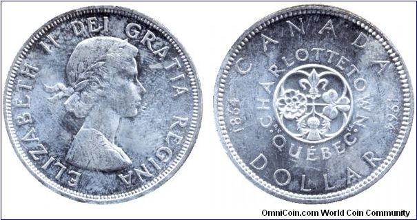 Canada, 1 dollar, 1964, Ag, Queen Elizabeth II, 1864-1964 Charlottetown, Quebec.                                                                                                                                                                                                                                                                                                                                                                                                                                    