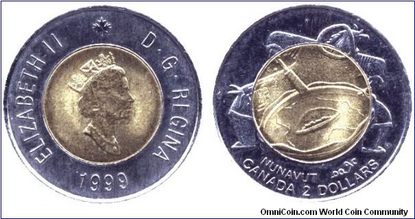 Canada, 2 dollars, 1999, Elizabeth II, Nunavut, Designed by: Germaine Arnaktauyok.                                                                                                                                                                                                                                                                                                                                                                                                                                  