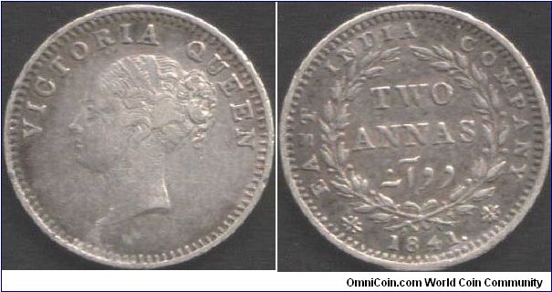 1841. Victoria 2 annas. British East India Company during colonial era. Bombay Mint, dot after date.