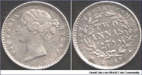 1841 Victoria 2 annas. British East India Company during colonial era. Bombay Mint, split legend type W.W. raised on truncation. This one 0.4 mm larger than it is supposed to be by KM reference.