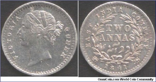 1841 Victoria 2 annas. British East India Company during colonial era. Sincue and raised W.W. on truncation