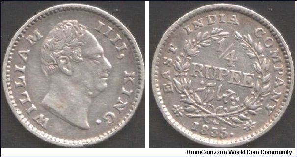 1835. Wm IIII 1/4 rupee. British East India Company during colonial era. Calcutta Mint, dot after date, type III reverse with 18 berries and F raised on truncation.