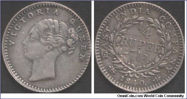 1840. Victoria 1/4 rupee. British East India Company during colonial era. Bombay mint, dot after date, continuous legend.