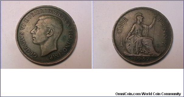 GEORGIVS VI DG BR OMN REX FD IND IMP
ONE PENNY
bronze. Nice green tone.