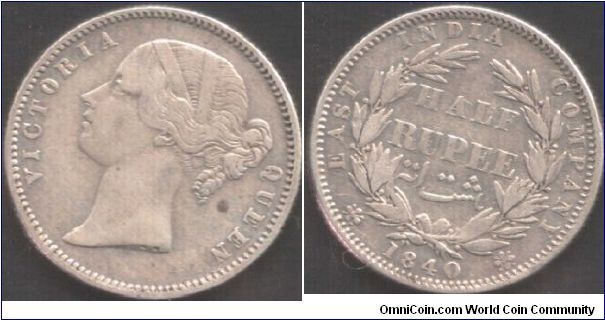 1840 Victoria 1/2 rupee. British East India Company during colonial era. Madras mint, split legend type, .W.W incused on truncation.