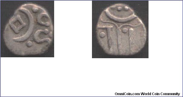 Travancore - tiny silver `chuckram' (6mm x 8mm) issued under Rama Varma IV.
This type produced from 1860 -1901