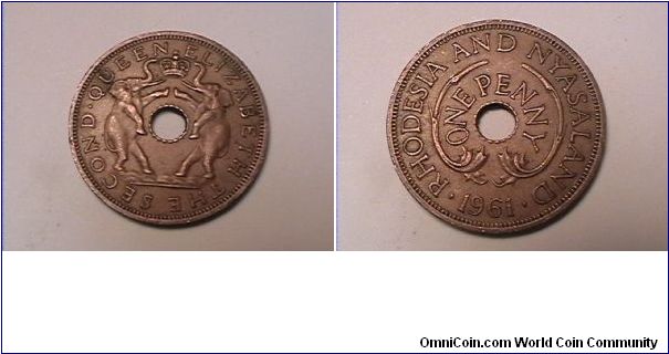 QUEEN ELIZABETH THE SECOND
RHODESIA AND NYASALAND
ONE PENNY
bronze