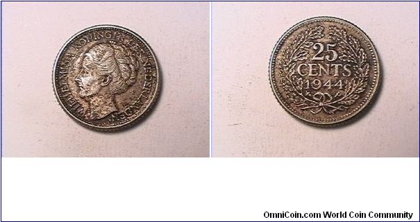 WILHELMINA KONING DER NEDERLANDEN
25 CENTS
1944-P
0.640 silver