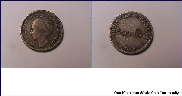 WILHELMINA KONING DER NEDERLANDEN
MUNT VAN CURACAO
1/10 GULDEN
0.640 silver