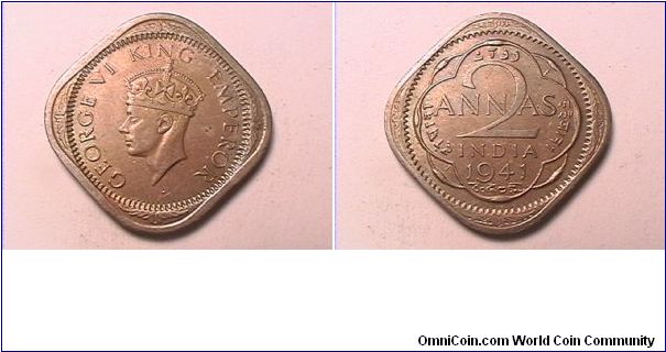 GEORGE VI KING EMPEROR
2 ANNAS INDIA
copper-nickel