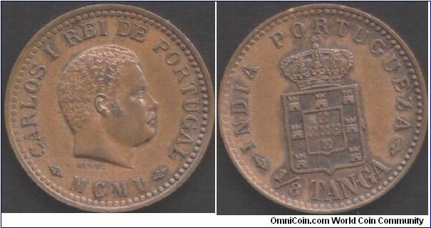 Portuguese India - 1/8th Tanga. Some staining but a good EF
