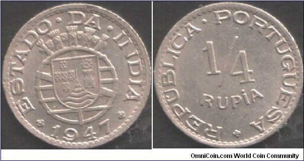 Portuguese India - 1/4 rupia. Copper Nickel