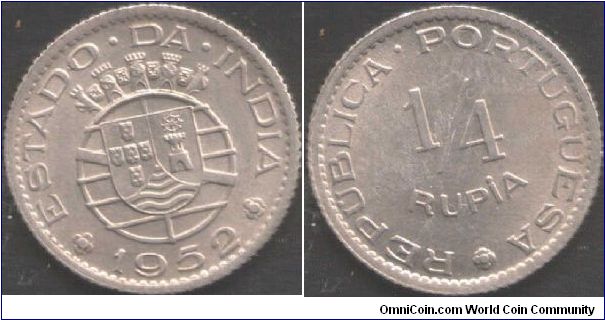 Portuguese India - 1/4 rupia. Copper Nickel