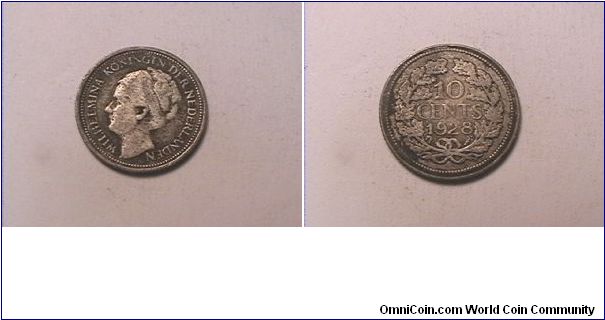 WILHELMINA KONINGIN DER NEDERLANDEN
10 CENTS
0.0640 silver