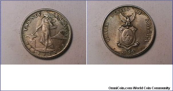 TWENTY CENTAVOS FILIPINAS
UNITED STATES OF AMERICA 1944-D
0.750 silver