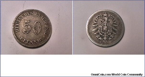 GERMAN EMPIRE

DEUTSCHES REICH 50 PFENNIG
1876-J
0.900 silver