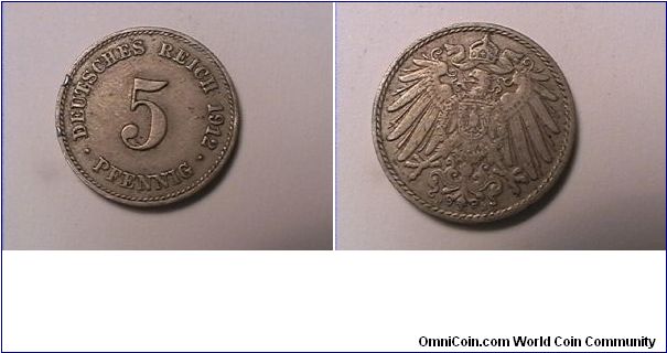 DEUTSCHES REICH
5 PFENNIG
1912-J
copper-nickel
