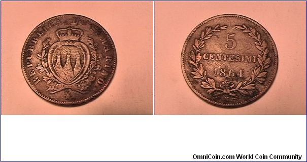 REPUBLICA DI S MARINO
5 CENTESIMI 1864-M
copper